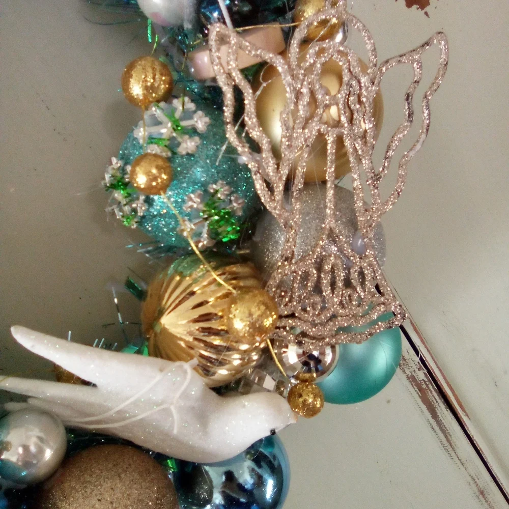 Shabby Blue Silver Gold Vintage Ornaments Holiday Wreath Handmade